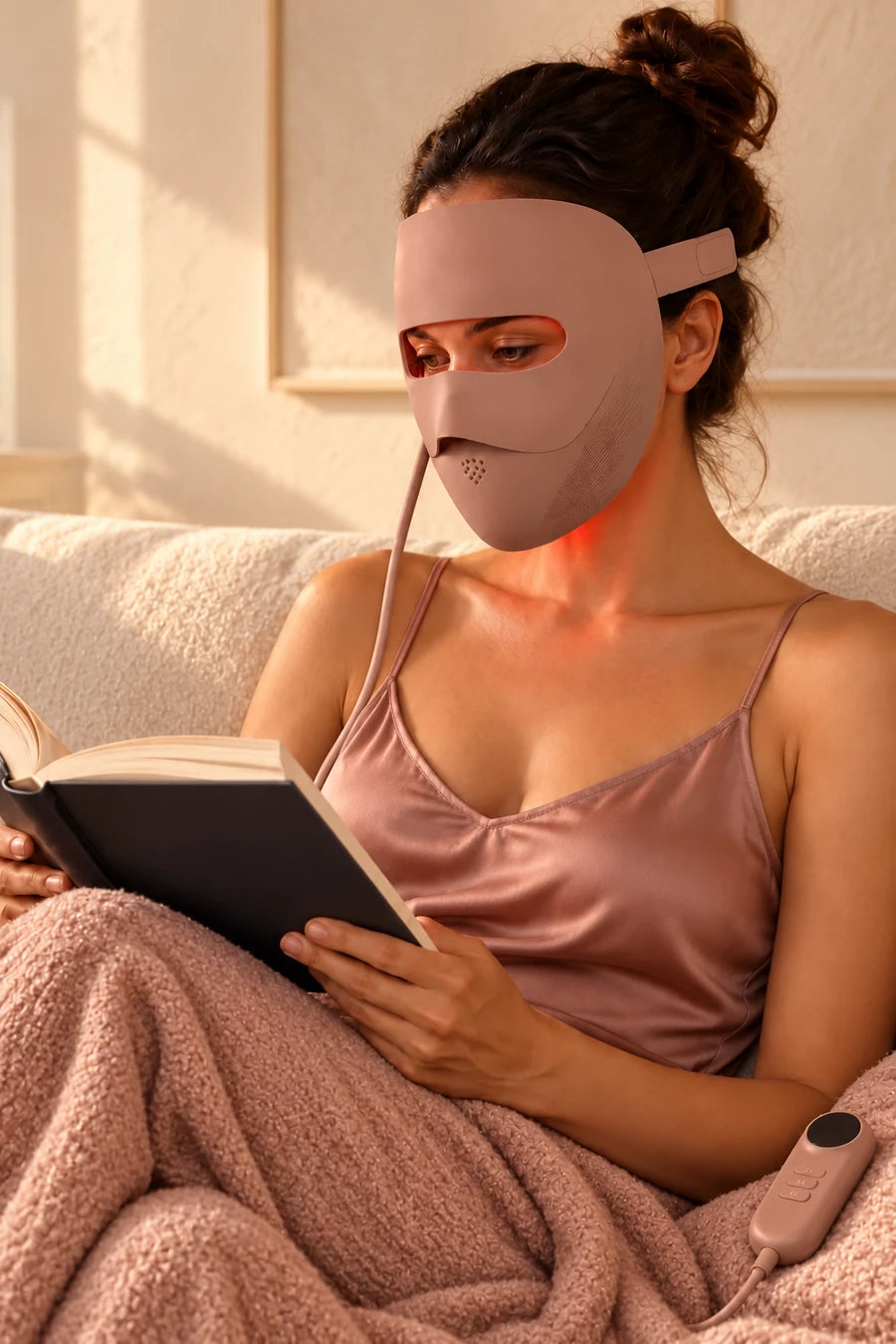 Woman reading with the rose-brown LED mask and its connected controller