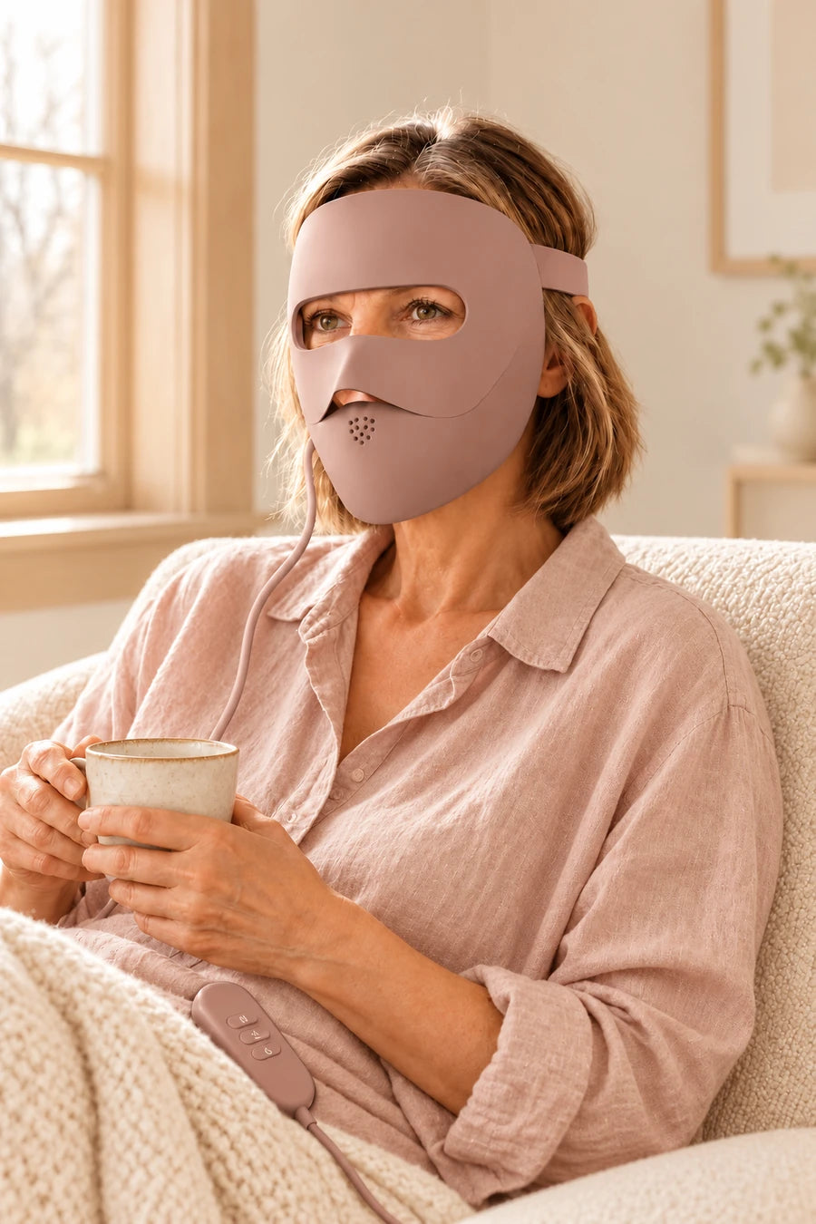 Woman relaxing at home with the rose-brown LED mask and its connected controller