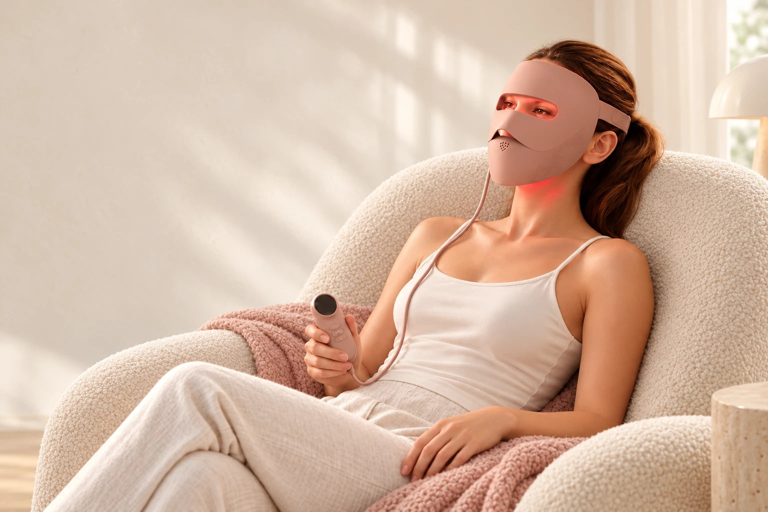 Woman relaxing at home with the rose-brown LED mask and its connected controller