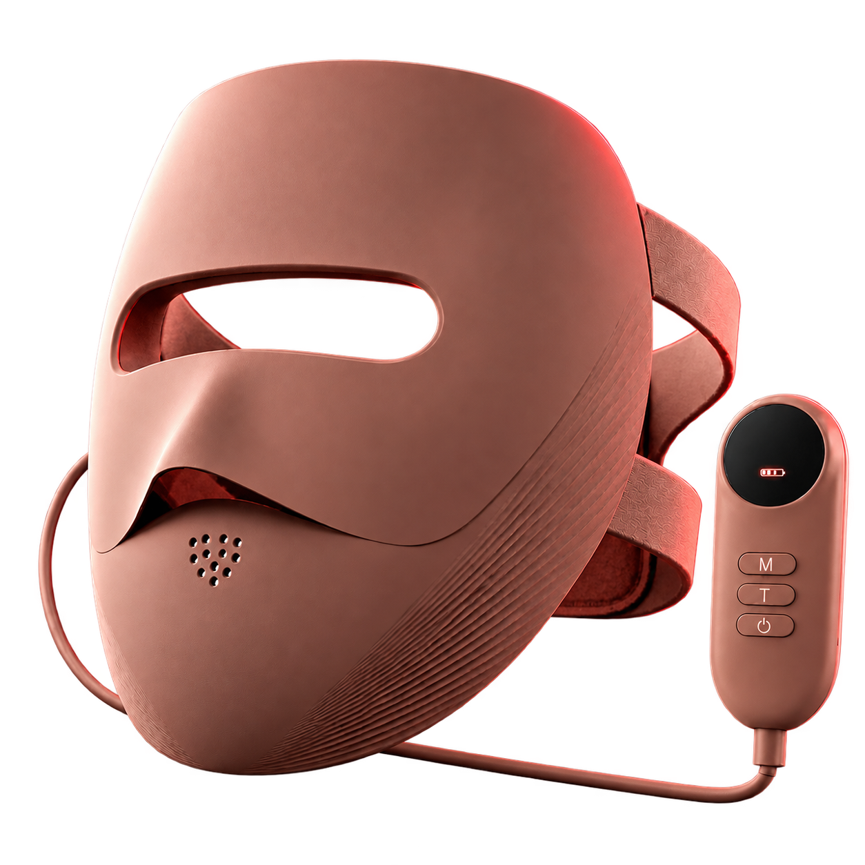 Rose-brown silicone LED mask with an adjustable band and wired controller